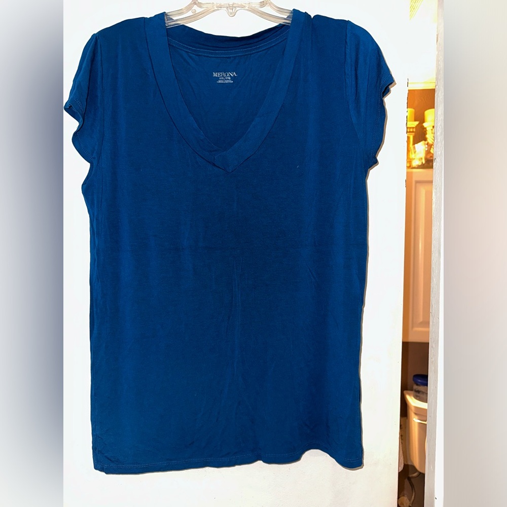 Blue v-neck stretchy t-shirt. Soft A-line form fitting shirt.